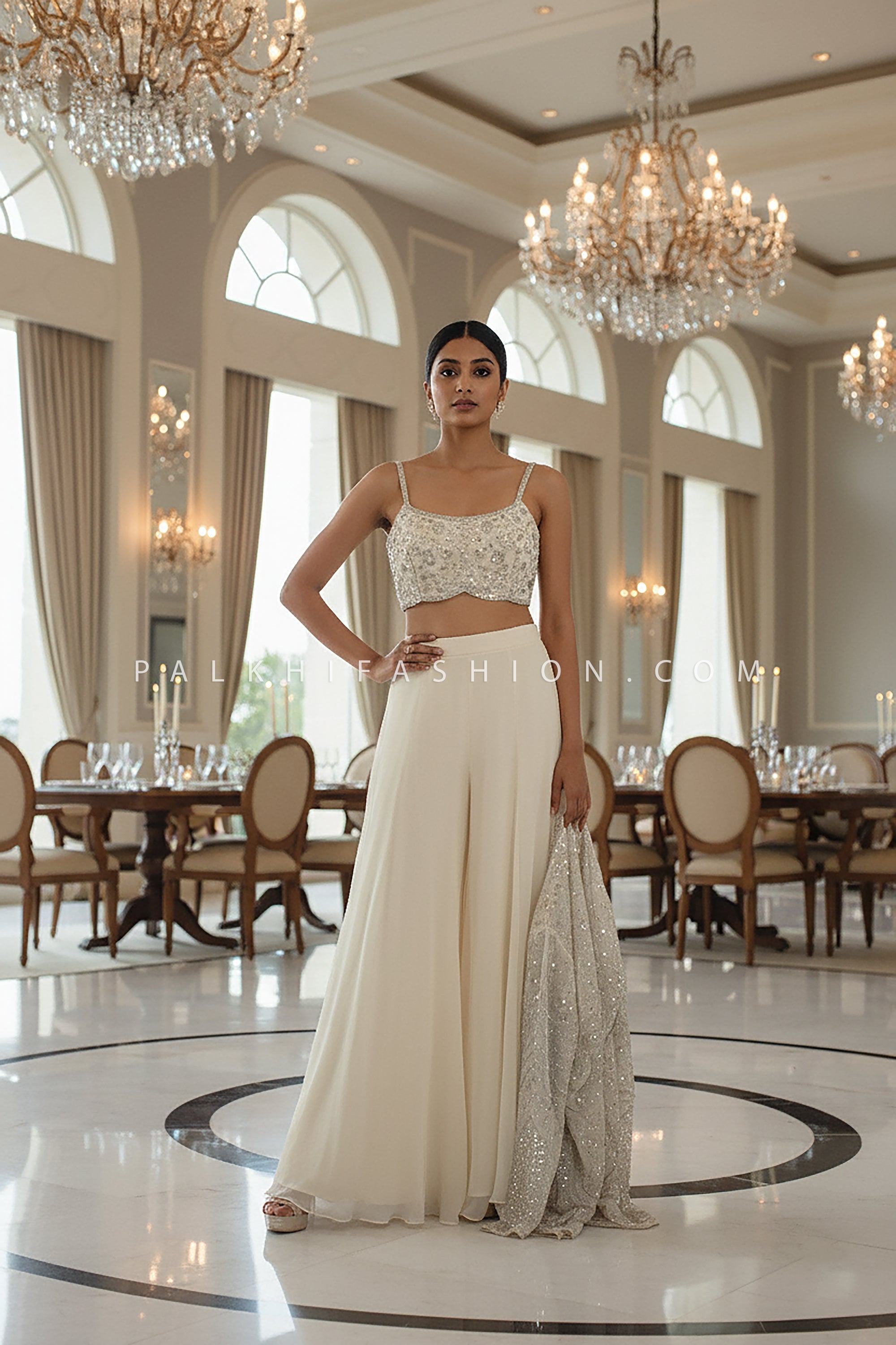 Pearl Glow: Off - White Indo - Western Palazzo Suit with Crop Top & Jacket – Palkhi Fashion
