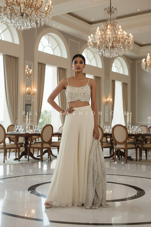 Pearl Glow: Off - White Indo - Western Palazzo Suit with Crop Top & Jacket – Palkhi Fashion