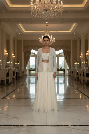 Pearl Glow: Off - White Indo - Western Palazzo Suit with Crop Top & Jacket – Palkhi Fashion