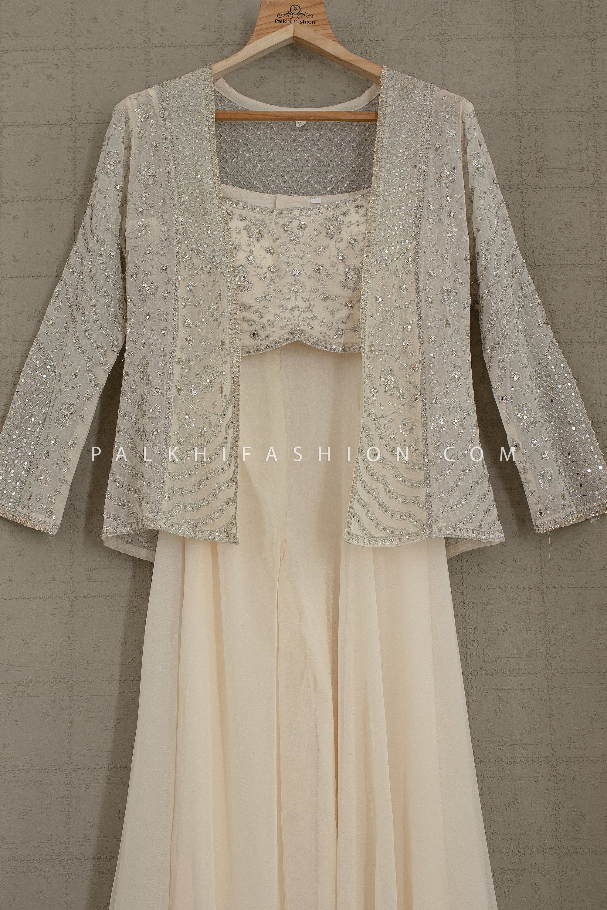 Pearl Glow: Off - White Indo - Western Palazzo Suit with Crop Top & Jacket – Palkhi Fashion
