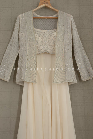 Pearl Glow: Off - White Indo - Western Palazzo Suit with Crop Top & Jacket – Palkhi Fashion