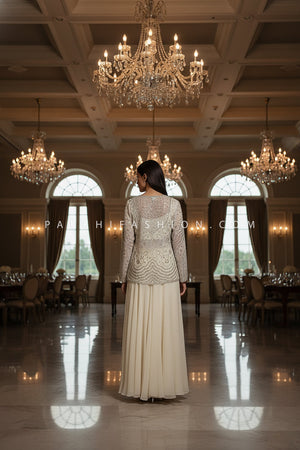 Pearl Glow: Off - White Indo - Western Palazzo Suit with Crop Top & Jacket – Palkhi Fashion