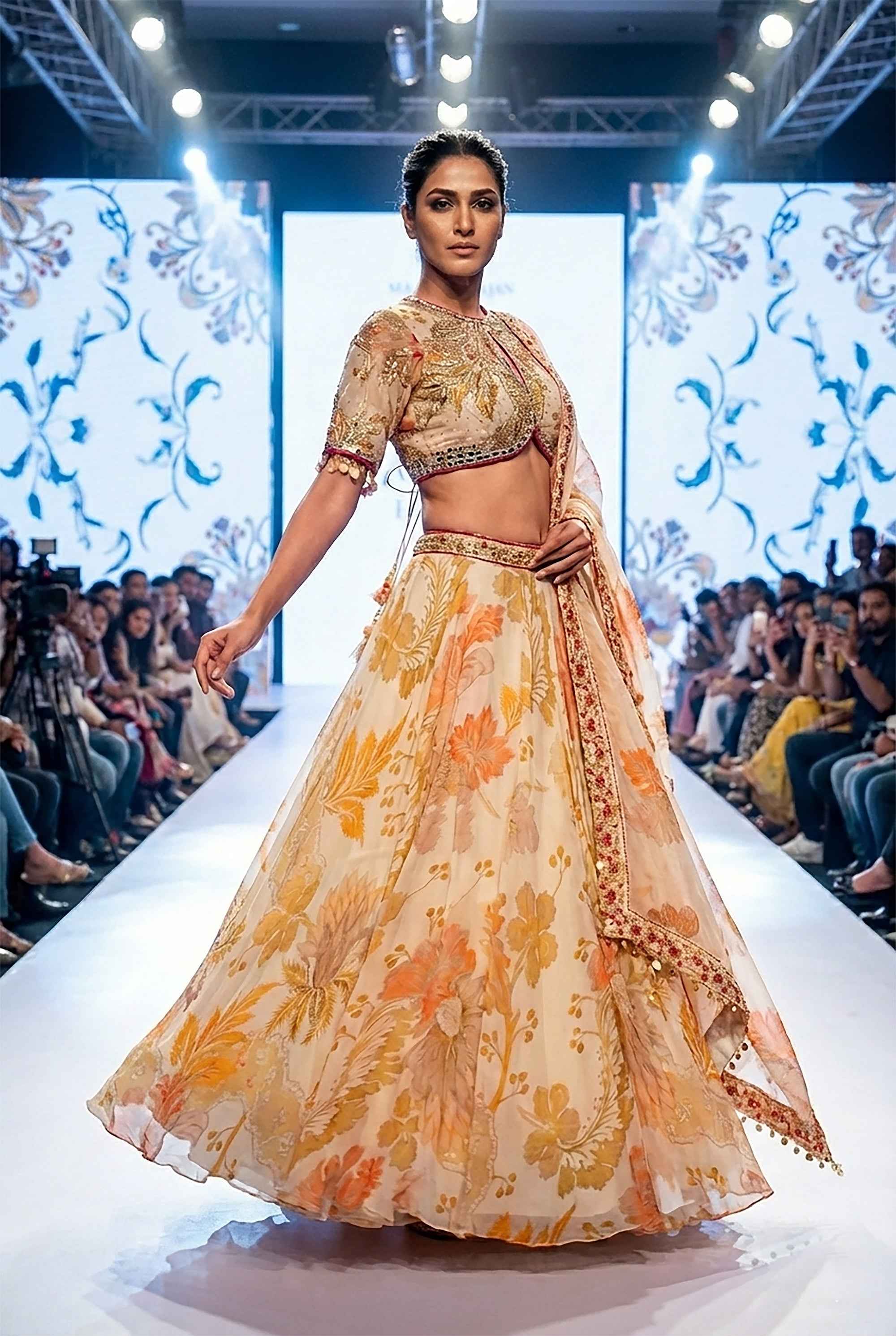Petal Radiance— Champagne Peach Floral Designer Lehenga Set | Palkhi Fashion