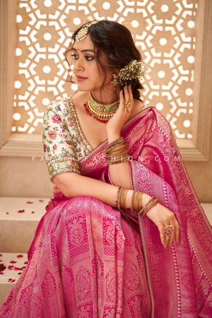 🌸 Petals & Paisleys: A Banarasi Silk Saree in Pink Color With Readymade Blouse