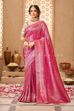 🌸 Petals & Paisleys: A Banarasi Silk Saree in Pink Color With Readymade Blouse