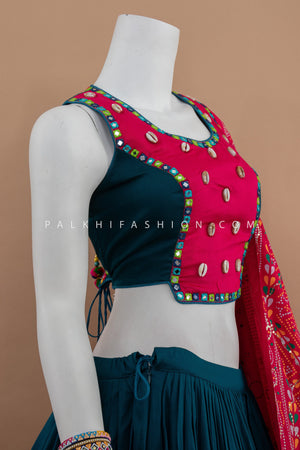 Petrol Blue Cotton Silk Chaniya Choli with Mirror Work – Palkhi Fashion