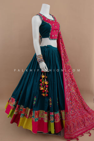Petrol Blue Cotton Silk Chaniya Choli with Mirror Work – Palkhi Fashion