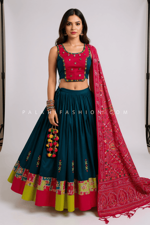 Petrol Blue Cotton Silk Chaniya Choli with Mirror Work – Palkhi Fashion
