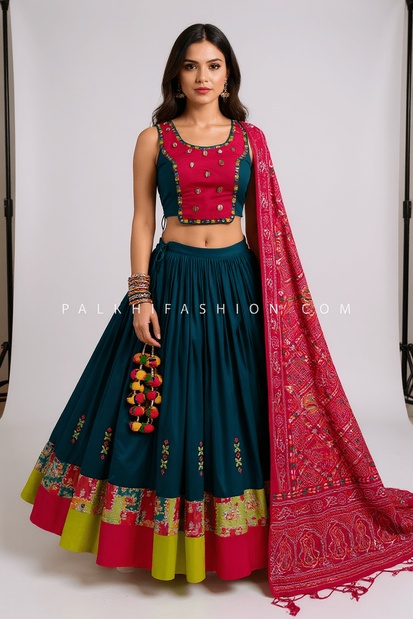 Petrol Blue Cotton Silk Chaniya Choli with Mirror Work – Palkhi Fashion