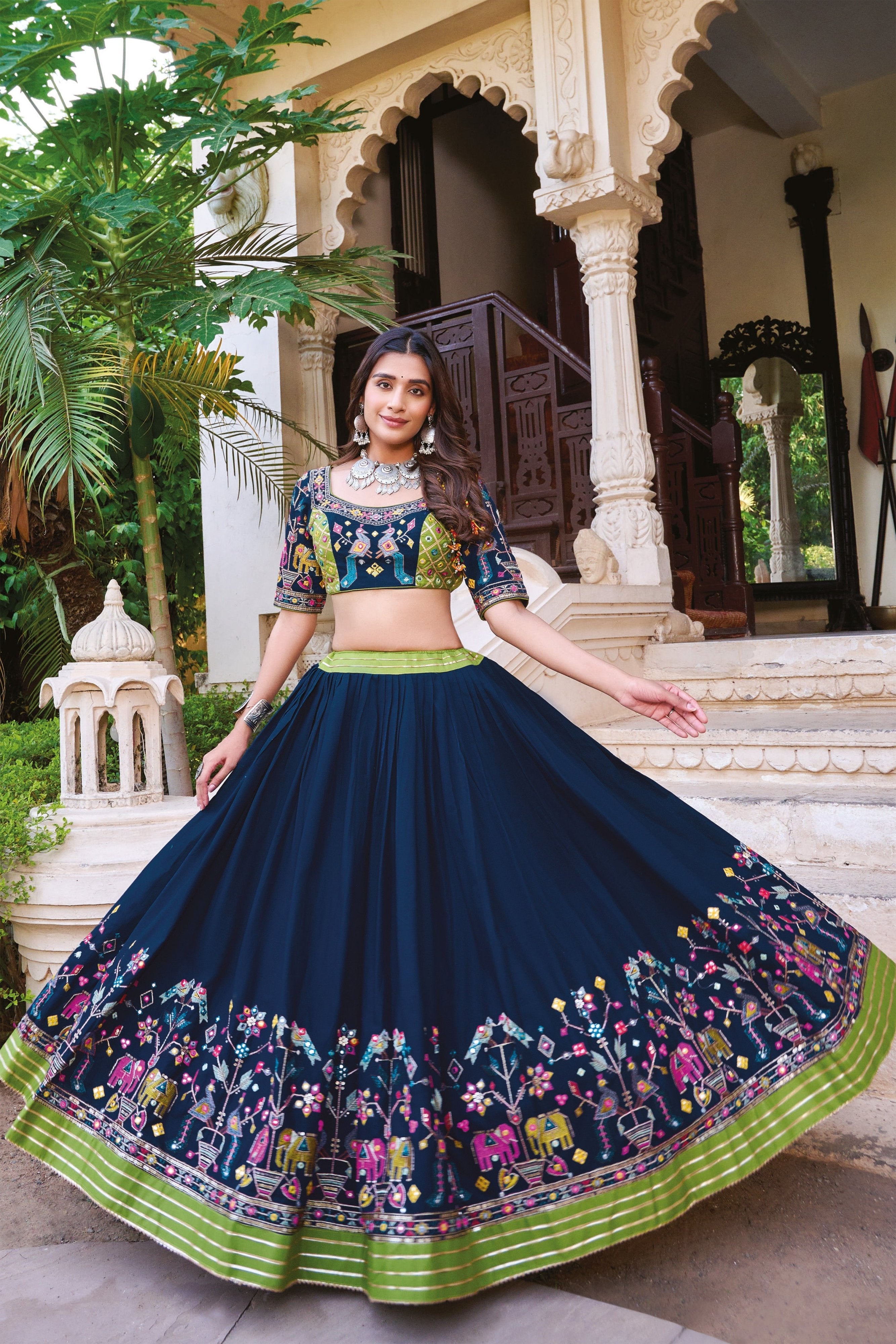 Petrol Blue Gamthi Work Chaniya Choli with Multicolor Blouse – Palkhi Fashion
