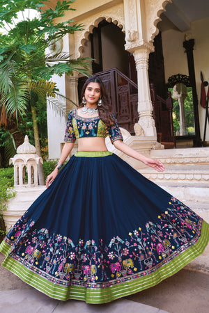 Petrol Blue Gamthi Work Chaniya Choli with Multicolor Blouse – Palkhi Fashion
