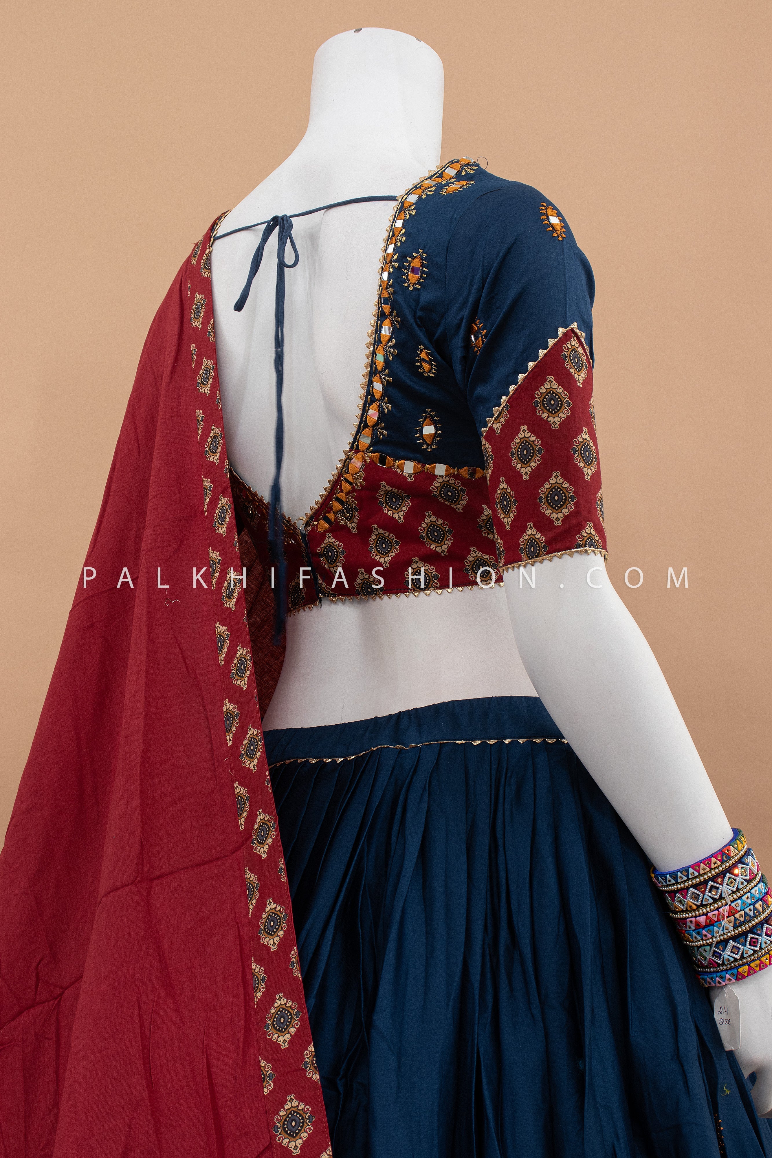 Petrol Blue & Maroon Chaniya Choli with Mirror & Ajarakh Work – Palkhi Fashion