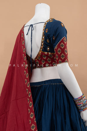 Petrol Blue & Maroon Chaniya Choli with Mirror & Ajarakh Work – Palkhi Fashion