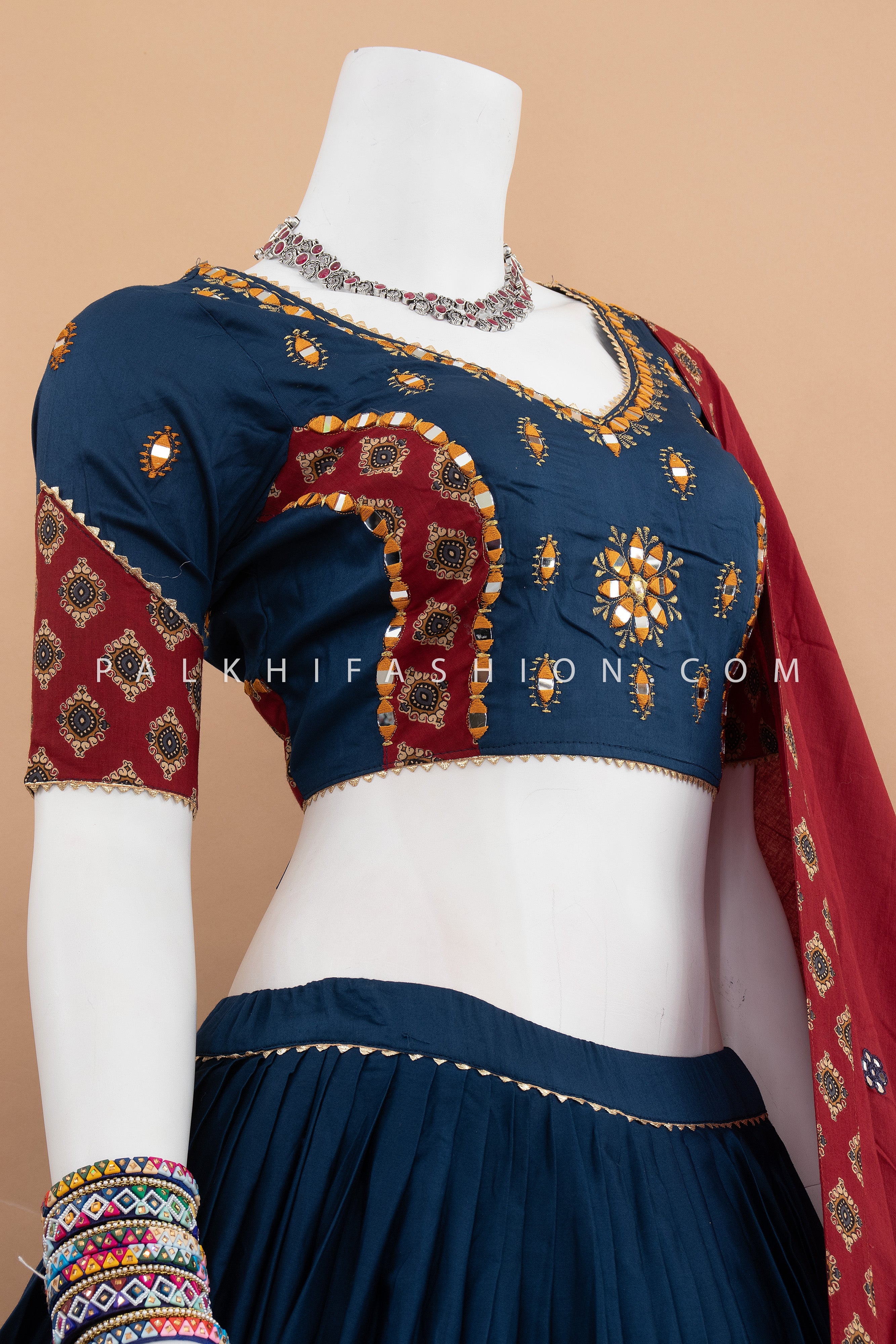 Petrol Blue & Maroon Chaniya Choli with Mirror & Ajarakh Work – Palkhi Fashion