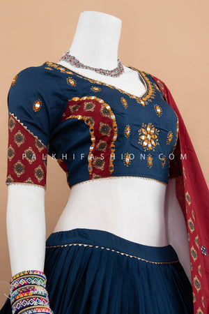 Petrol Blue & Maroon Chaniya Choli with Mirror & Ajarakh Work – Palkhi Fashion