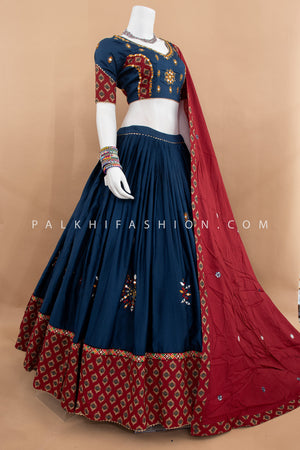 Petrol Blue & Maroon Chaniya Choli with Mirror & Ajarakh Work – Palkhi Fashion