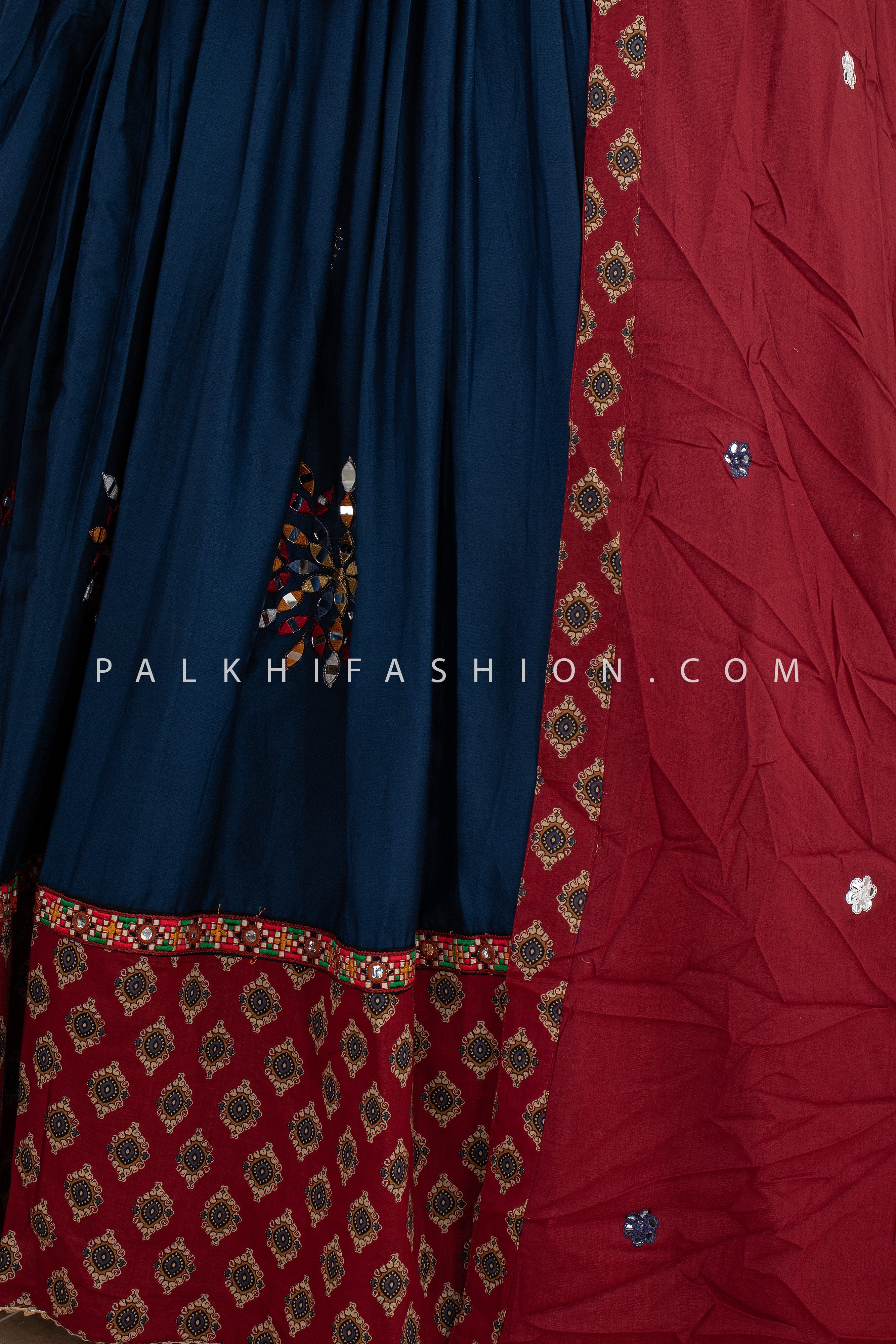 Petrol Blue & Maroon Chaniya Choli with Mirror & Ajarakh Work – Palkhi Fashion