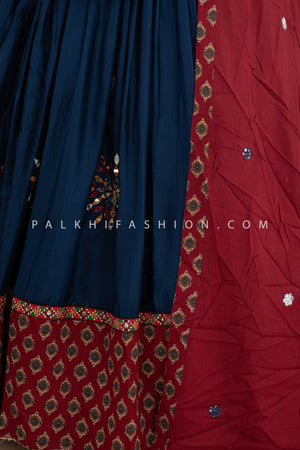 Petrol Blue & Maroon Chaniya Choli with Mirror & Ajarakh Work – Palkhi Fashion