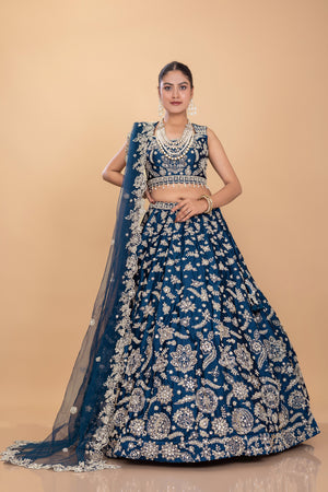 Petrol Blue Silk Lehenga Choli with Mirror Work - Palkhi Fashion