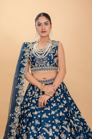 Petrol Blue Silk Lehenga Choli with Mirror Work - Palkhi Fashion