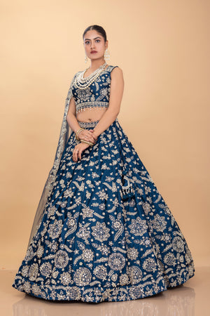 Petrol Blue Silk Lehenga Choli with Mirror Work - Palkhi Fashion