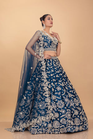 Petrol Blue Silk Lehenga Choli with Mirror Work - Palkhi Fashion