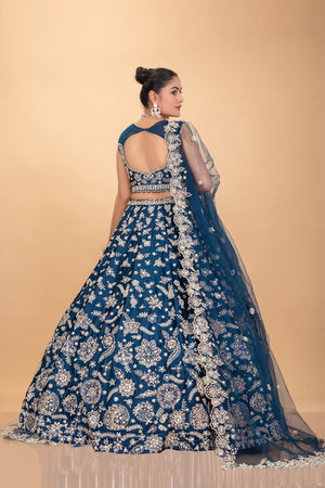 Petrol Blue Silk Lehenga Choli with Mirror Work - Palkhi Fashion