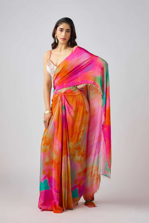 Pre - Draped Contemporary Saree with Artistic Prints & Handwork Blouse – Palkhi Fashion