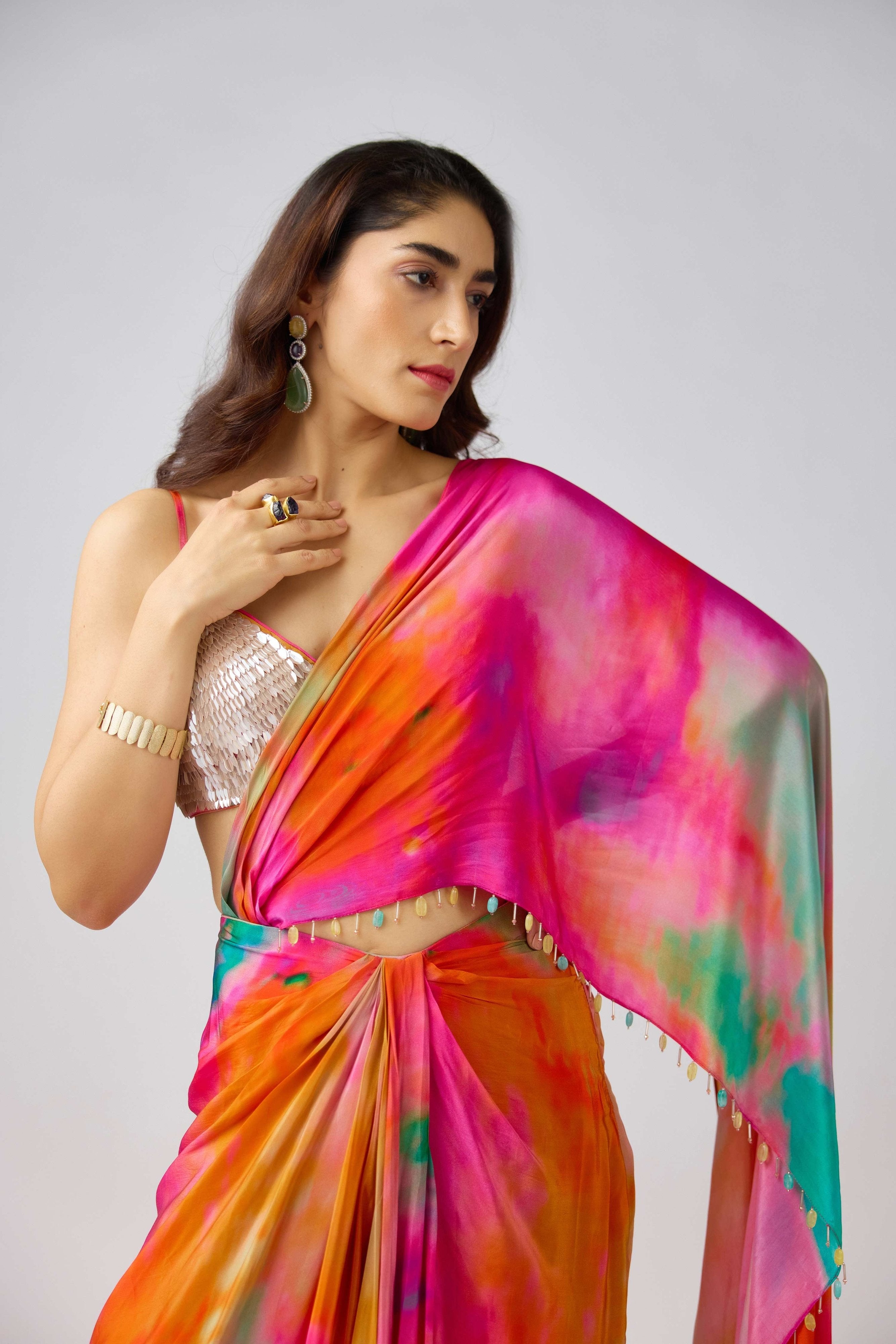 Pre - Draped Contemporary Saree with Artistic Prints & Handwork Blouse – Palkhi Fashion