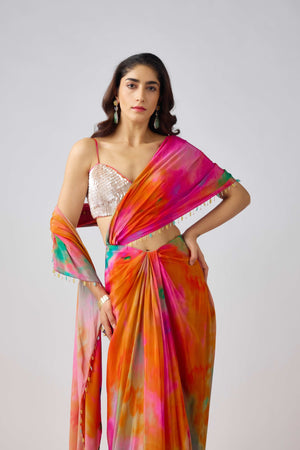 Pre - Draped Contemporary Saree with Artistic Prints & Handwork Blouse – Palkhi Fashion