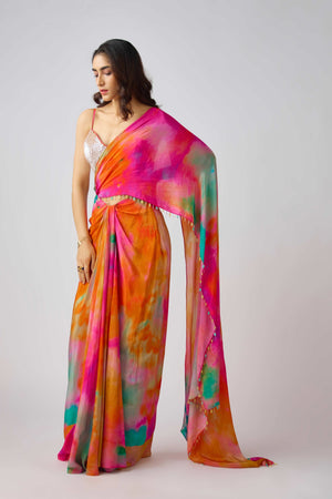 Pre - Draped Contemporary Saree with Artistic Prints & Handwork Blouse – Palkhi Fashion