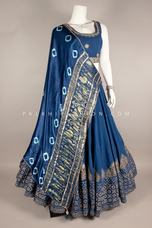 Premium Blue Navratri Chaniya Choli with Stunning Pure Gaji Silk Dupatta