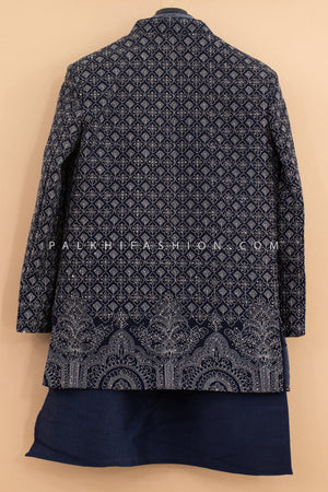 Prince of Midnight: Navy Blue Boys Indo Western Set with Embroidered Jacket – Palkhi Fashion