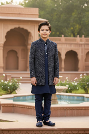 Prince of Midnight: Navy Blue Boys Indo Western Set with Embroidered Jacket – Palkhi Fashion