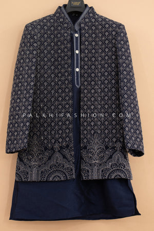 Prince of Midnight: Navy Blue Boys Indo Western Set with Embroidered Jacket – Palkhi Fashion