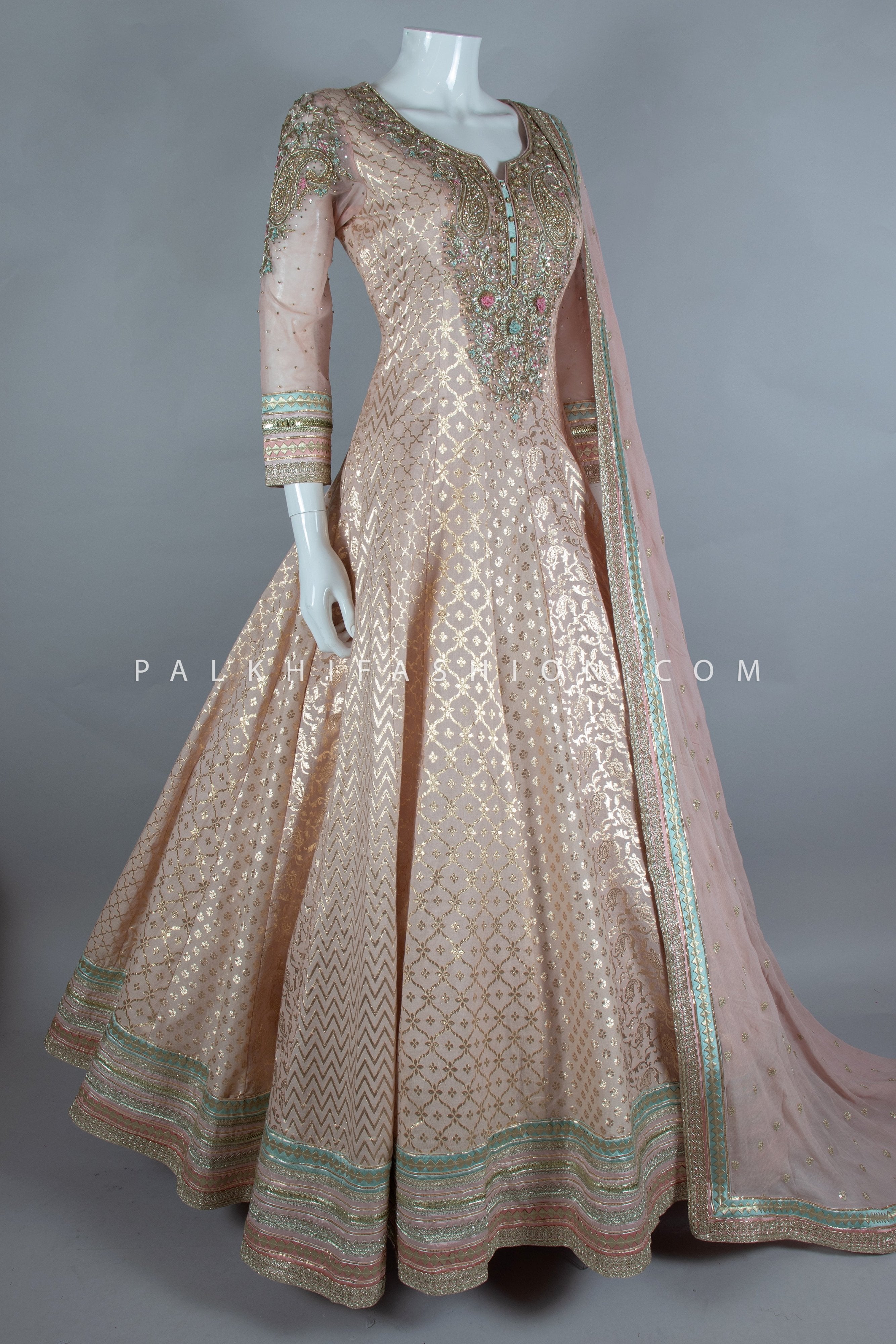 Pure Banarasi Silk Peach Indian Designer Outfit with Handwork