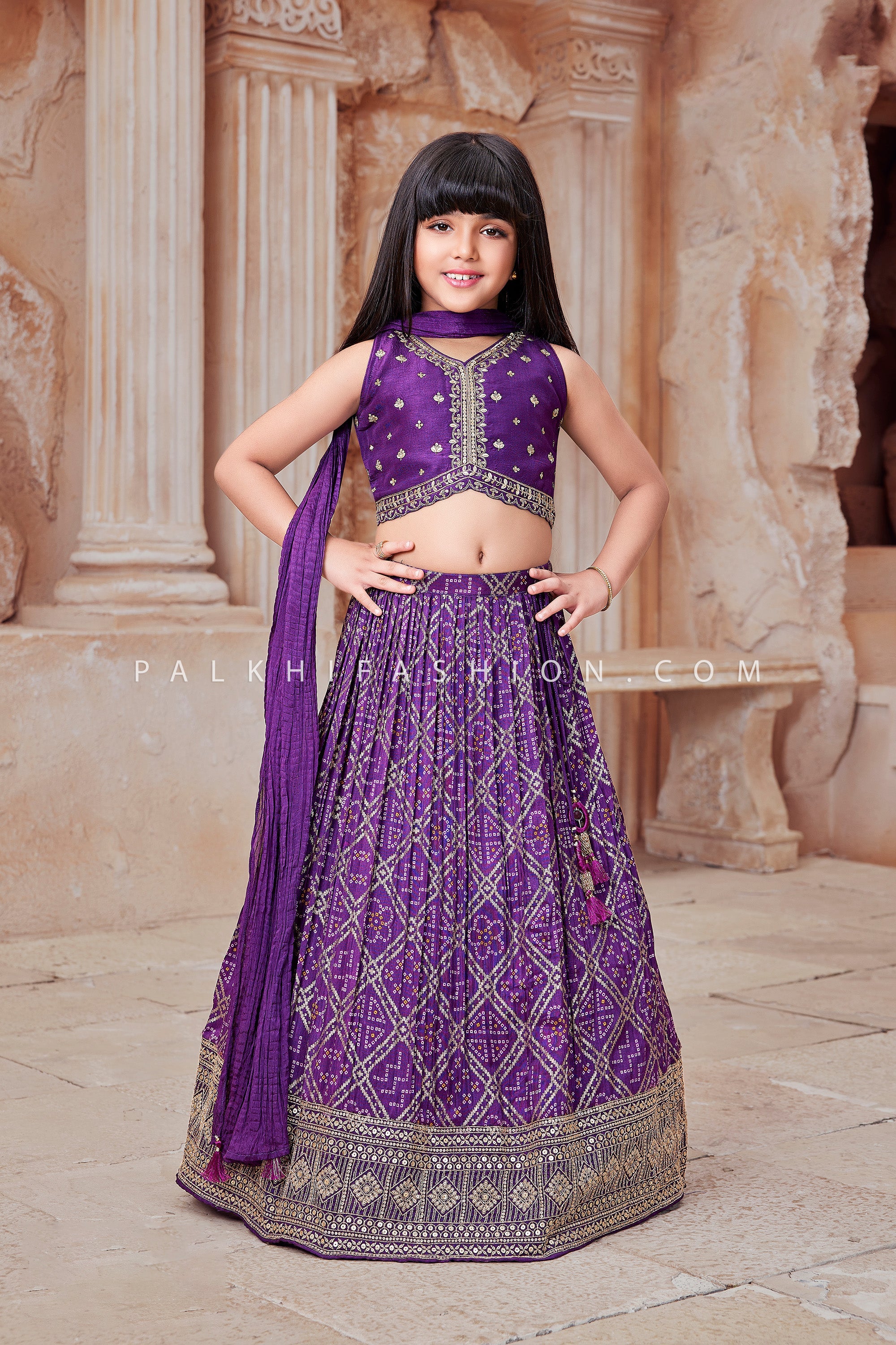 Purple Bandhani Lehenga Choli for Girls with Handwork Blouse