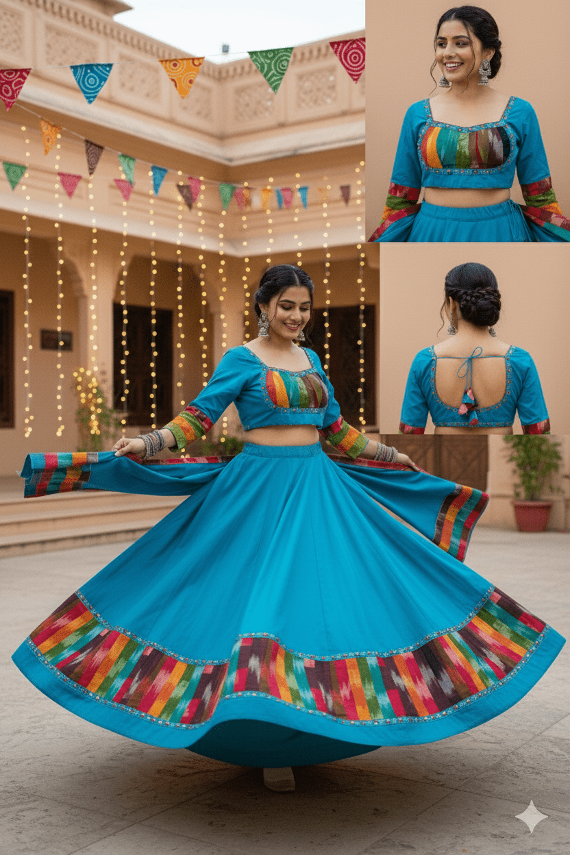 π Raas Rhapsody: Teal Blue Cotton Navratri Chaniya Choli with Multicolor Ikat β Palkhi Fashion