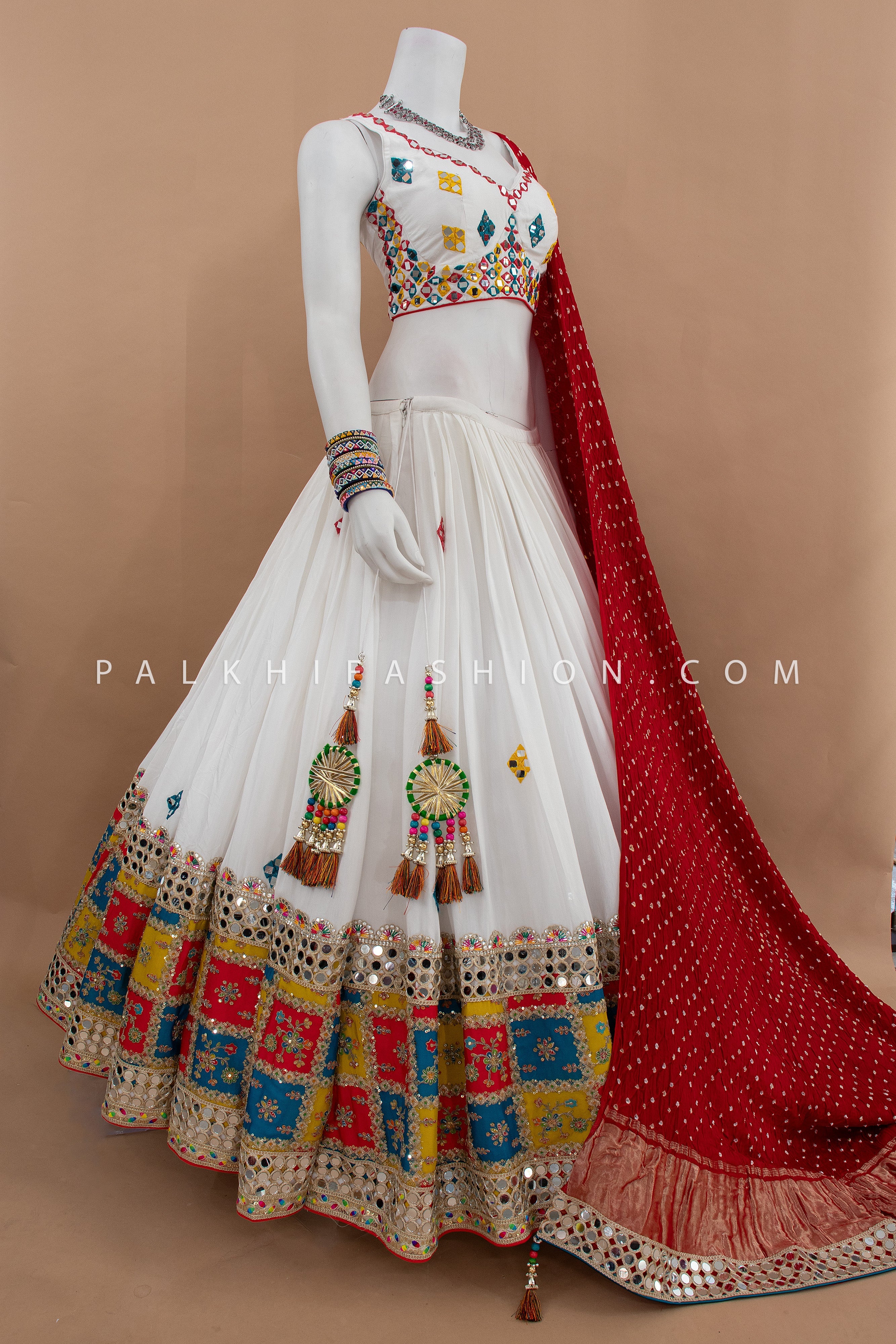 Raas Royale: 12 Meters Flair Lavish White/Multi Color Designer Navratri Chaniya Choli