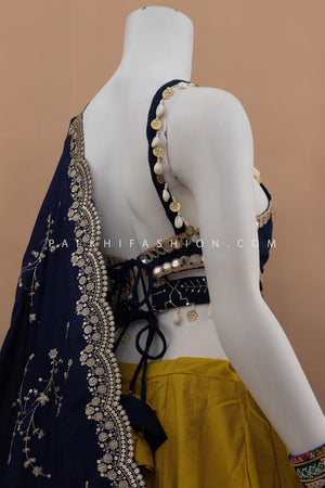 Radiant Charm: Blue & Mustard Chaniya Choli with Handwork Blouse – Palkhi Fashion