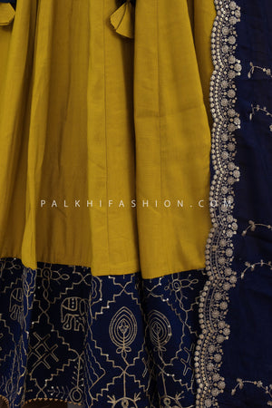 Radiant Charm: Blue & Mustard Chaniya Choli with Handwork Blouse – Palkhi Fashion