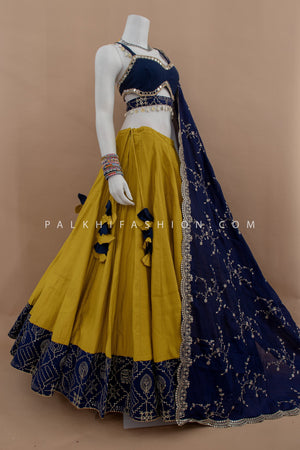 Radiant Charm: Blue & Mustard Chaniya Choli with Handwork Blouse – Palkhi Fashion