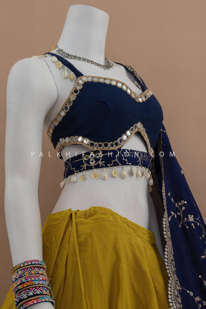 Radiant Charm: Blue & Mustard Chaniya Choli with Handwork Blouse – Palkhi Fashion