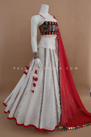 Radiant Charm: White Chaniya Choli with Multicolor Gamthi Work & Leheriya Dupatta – Palkhi Fashion
