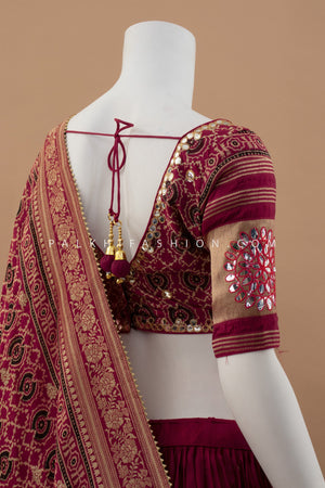 Rajasthani Ajarakh Elegance: Deep Magenta Ajarakh & Aari Work Navratri Chaniya Choli