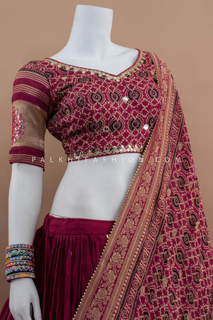 Rajasthani Ajarakh Elegance: Deep Magenta Ajarakh & Aari Work Navratri Chaniya Choli