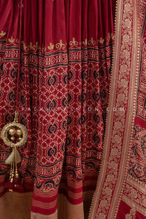 Rajasthani Ajarakh Elegance: Maroon Ajarakh & Aari Work Navratri Chaniya Choli