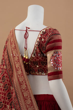 Rajasthani Ajarakh Elegance: Maroon Ajarakh & Aari Work Navratri Chaniya Choli