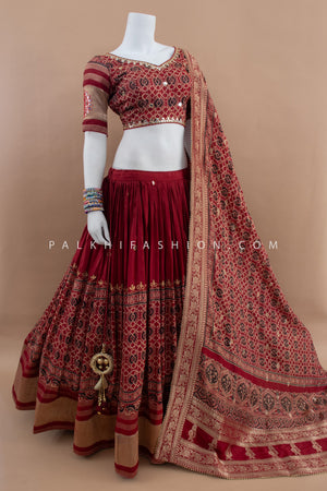 Rajasthani Ajarakh Elegance: Maroon Ajarakh & Aari Work Navratri Chaniya Choli