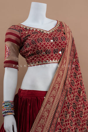 Rajasthani Ajarakh Elegance: Maroon Ajarakh & Aari Work Navratri Chaniya Choli